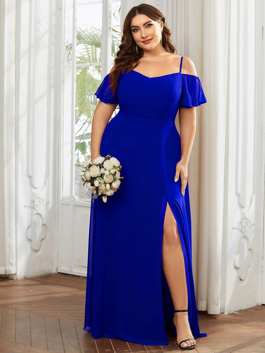 Stylish Cold-Shoulder Floor Length Bridesmaid Dress with Side Slit #color_Sapphire Blue
