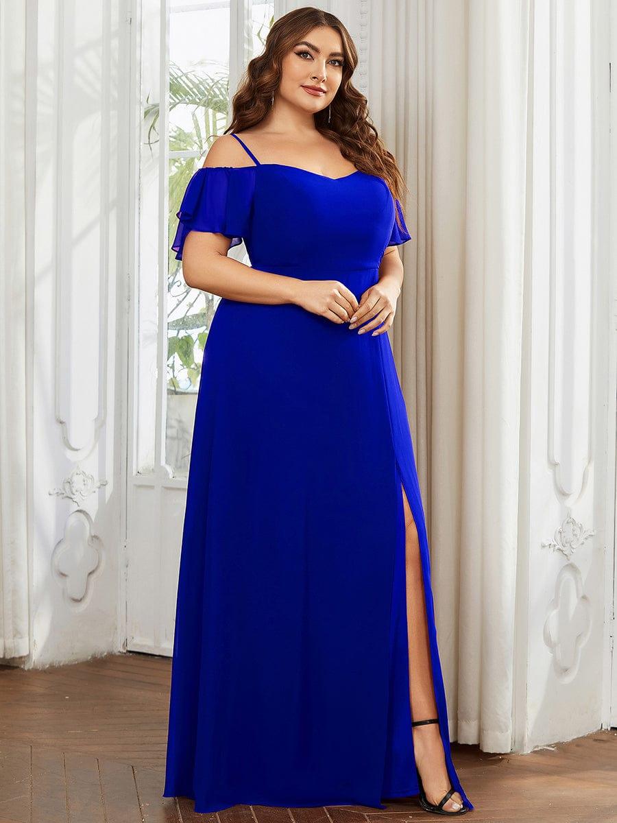 Stylish Cold-Shoulder Floor Length Bridesmaid Dress with Side Slit #color_Sapphire Blue