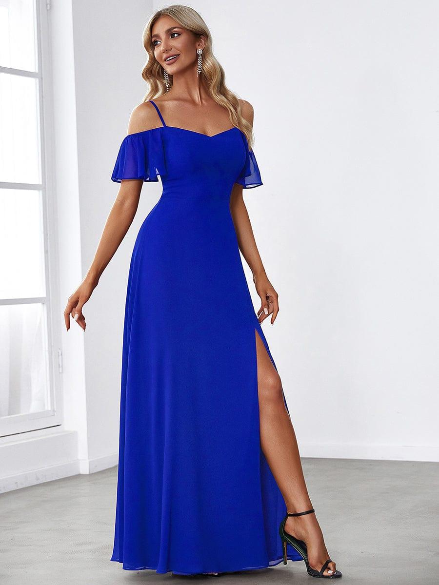 Stylish Cold-Shoulder Floor Length Bridesmaid Dress with Side Slit #color_Sapphire Blue