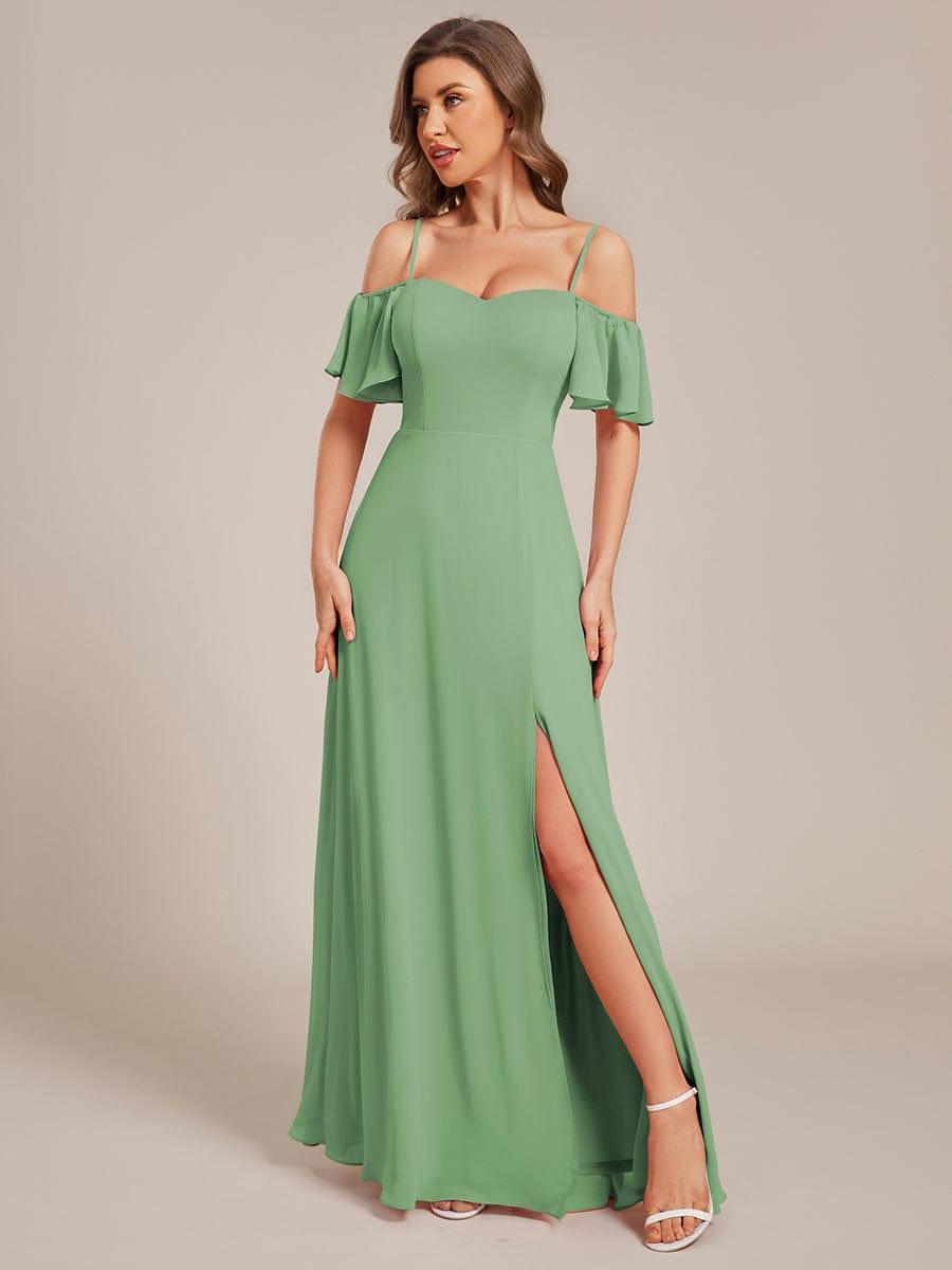Stylish Cold-Shoulder Floor Length Bridesmaid Dress with Side Slit #color_Sage Green