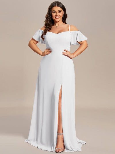 Stylish Cold-Shoulder Floor Length Bridesmaid Dress with Side Slit #color_White