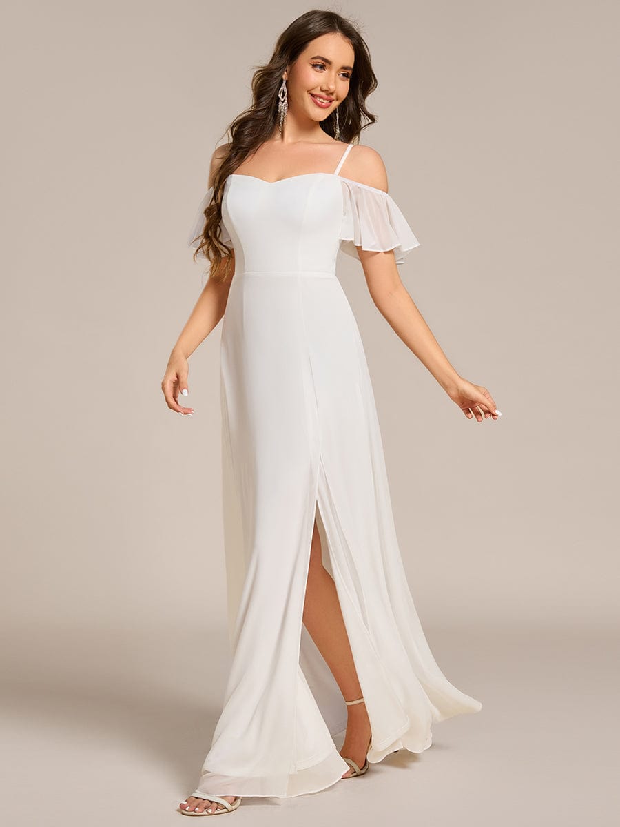 Stylish Cold-Shoulder Floor Length Bridesmaid Dress with Side Slit #color_White