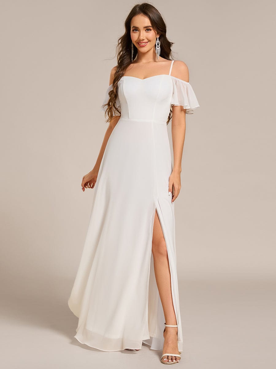 Stylish Cold-Shoulder Floor Length Bridesmaid Dress with Side Slit #color_White