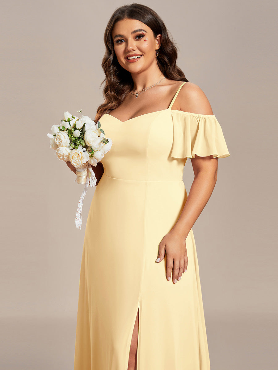 Stylish Cold-Shoulder Floor Length Bridesmaid Dress with Side Slit #color_Yellow
