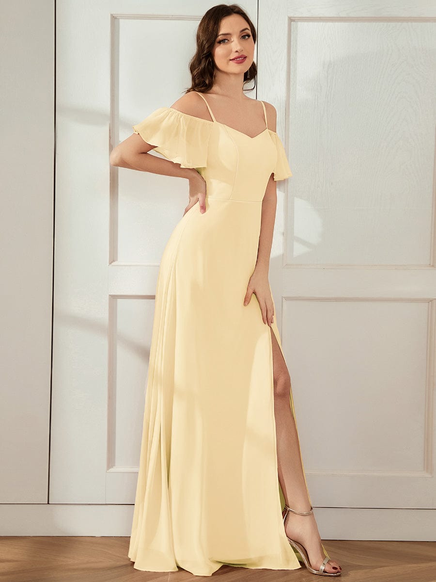 Stylish Cold-Shoulder Floor Length Bridesmaid Dress with Side Slit #color_Yellow