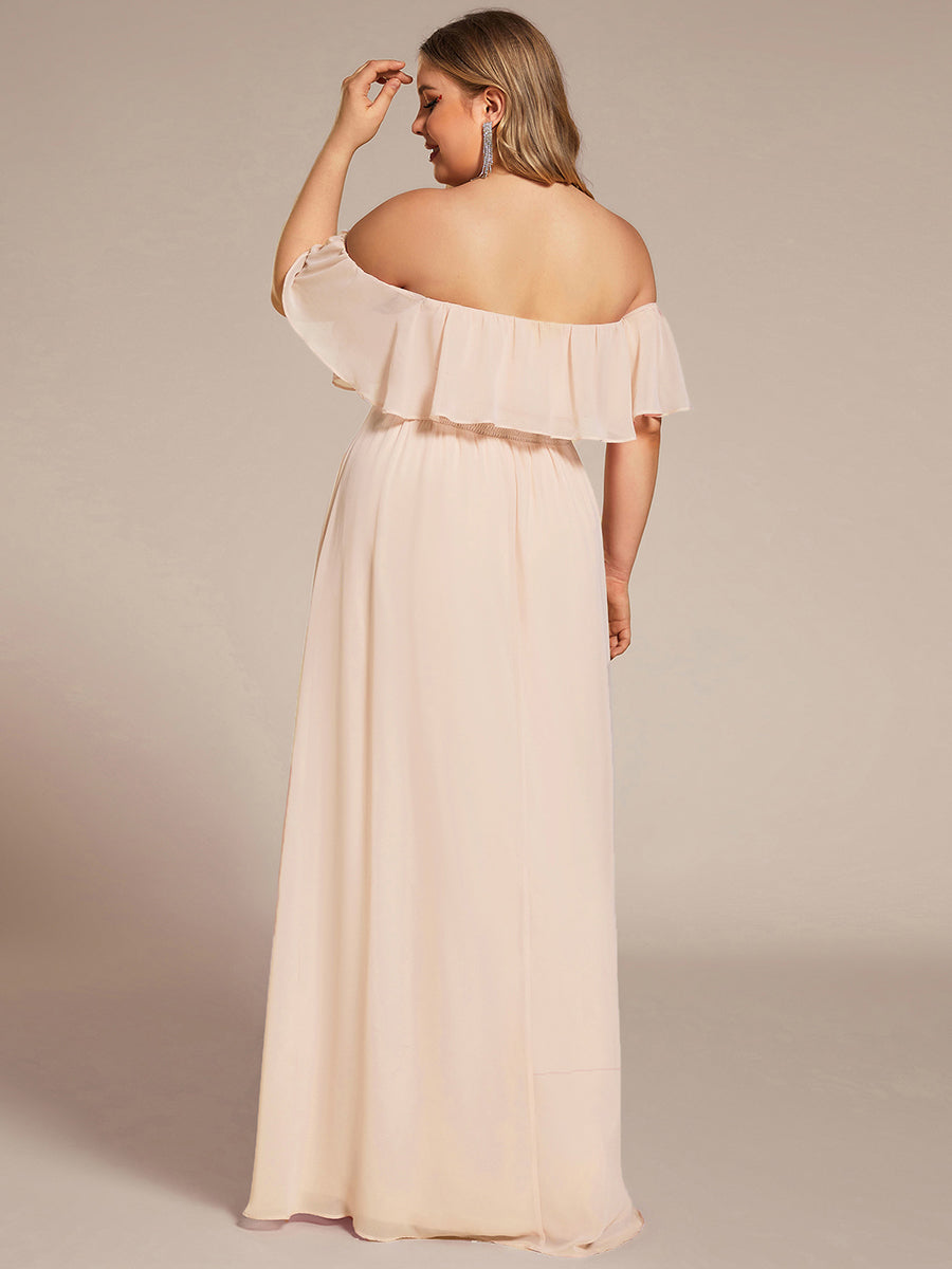 Women's Off-The-Shoulder Ruffle Thigh Split Wedding Guest Dresses #color_Blush