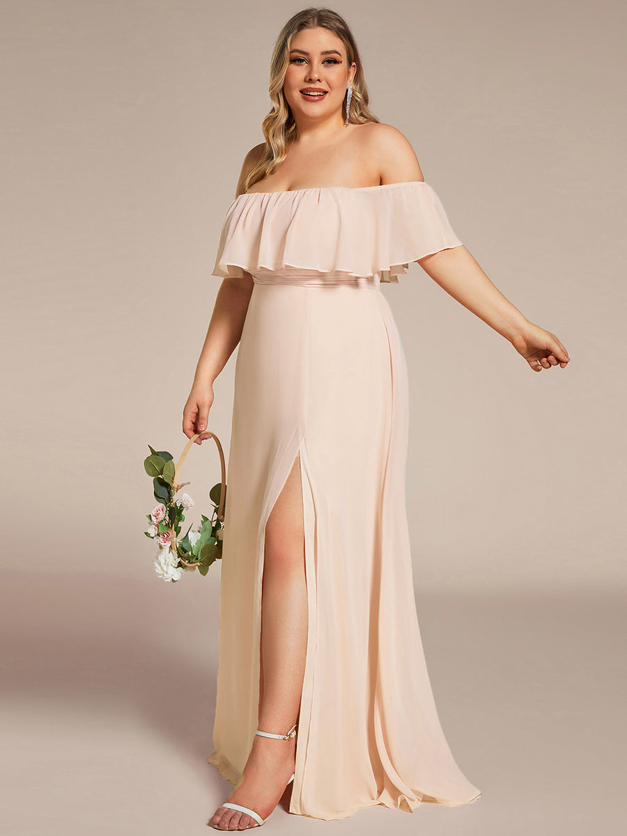 Women's Off-The-Shoulder Ruffle Thigh Split Wedding Guest Dresses #color_Blush