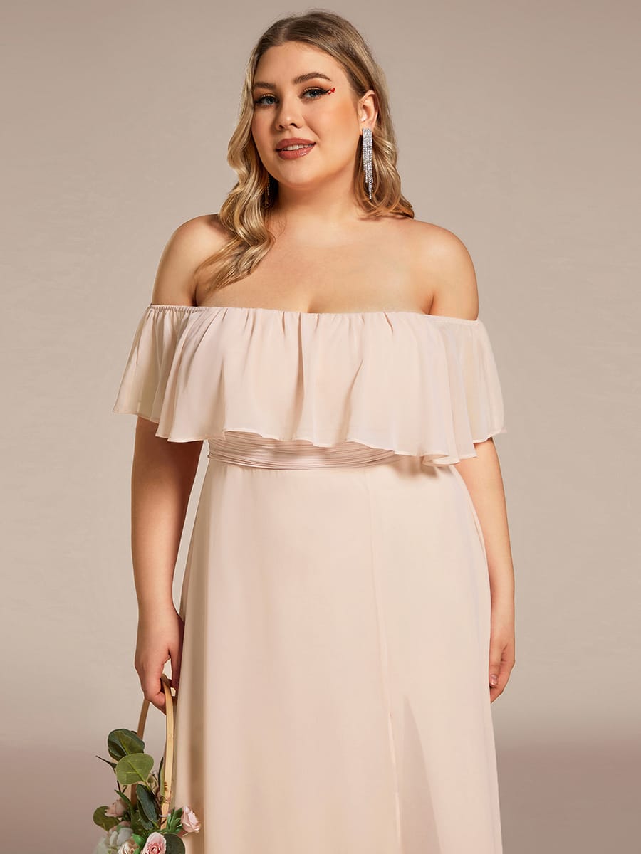 Women's Off-The-Shoulder Ruffle Thigh Split Wedding Guest Dresses #color_Blush