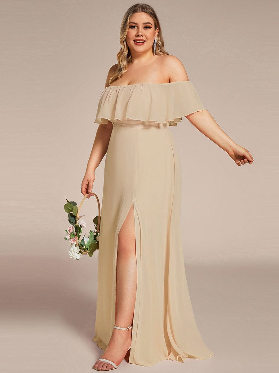 Women's Off-The-Shoulder Ruffle Thigh Split Plus Size Bridesmaid Dress #color_Champagne
