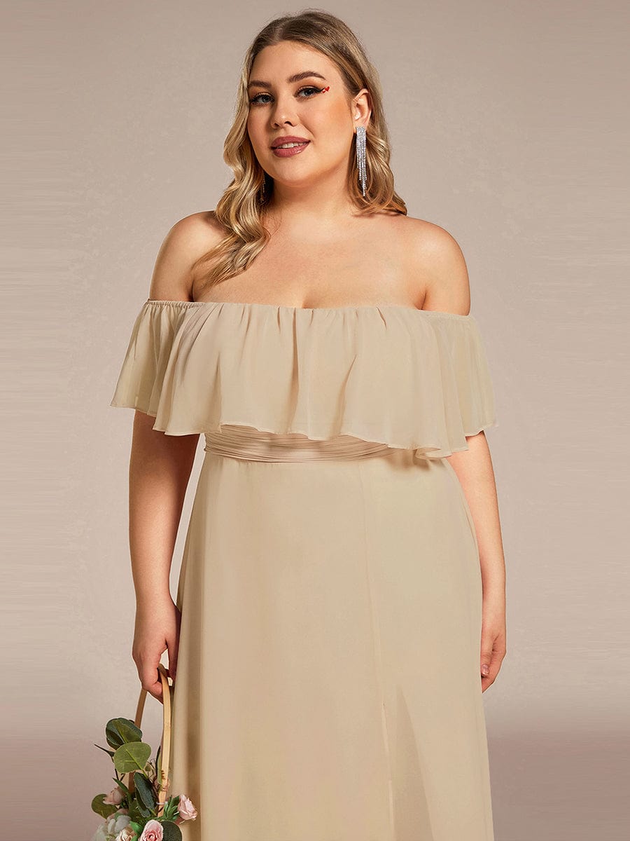 Women's Off-The-Shoulder Ruffle Thigh Split Plus Size Bridesmaid Dress #color_Champagne