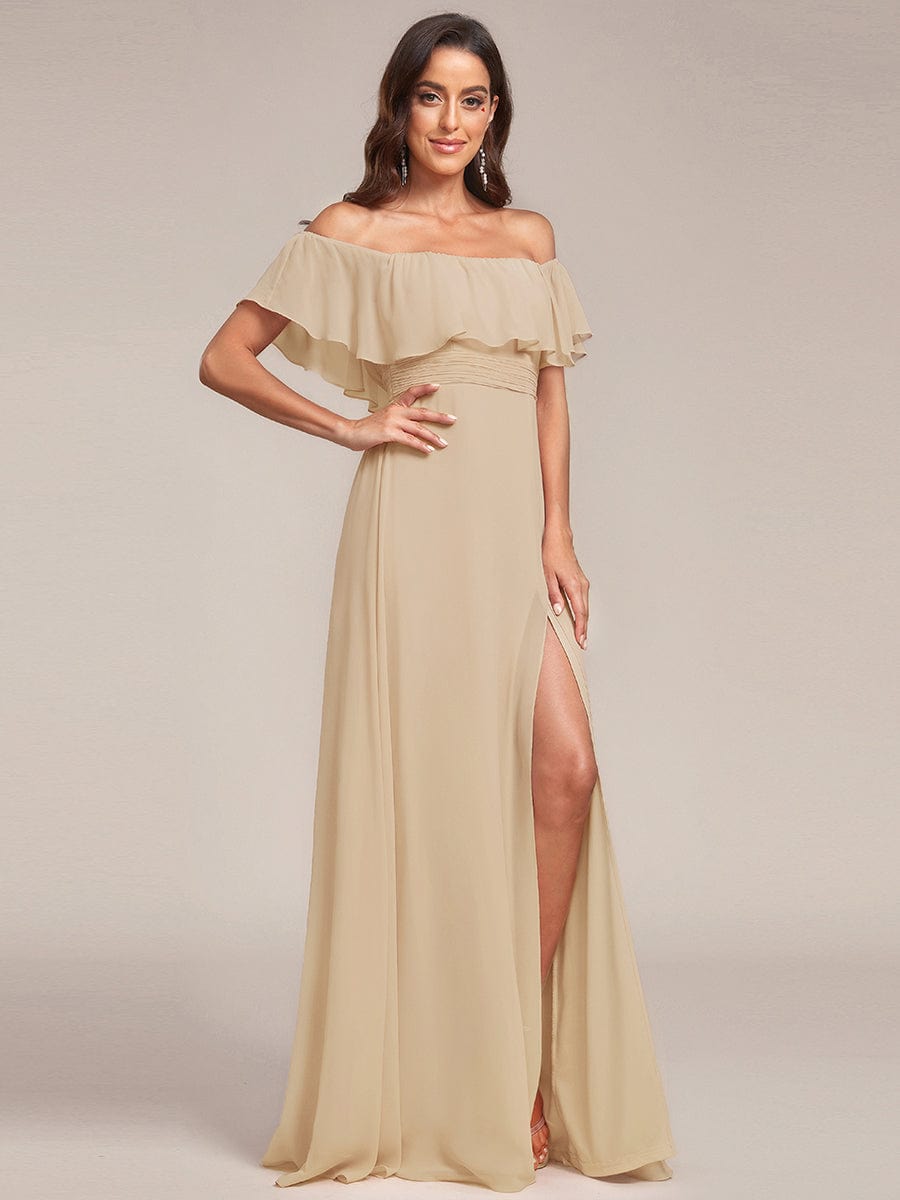 Plain Off Shoulder Chiffon Wedding Dress with Side Split #color_Champagne