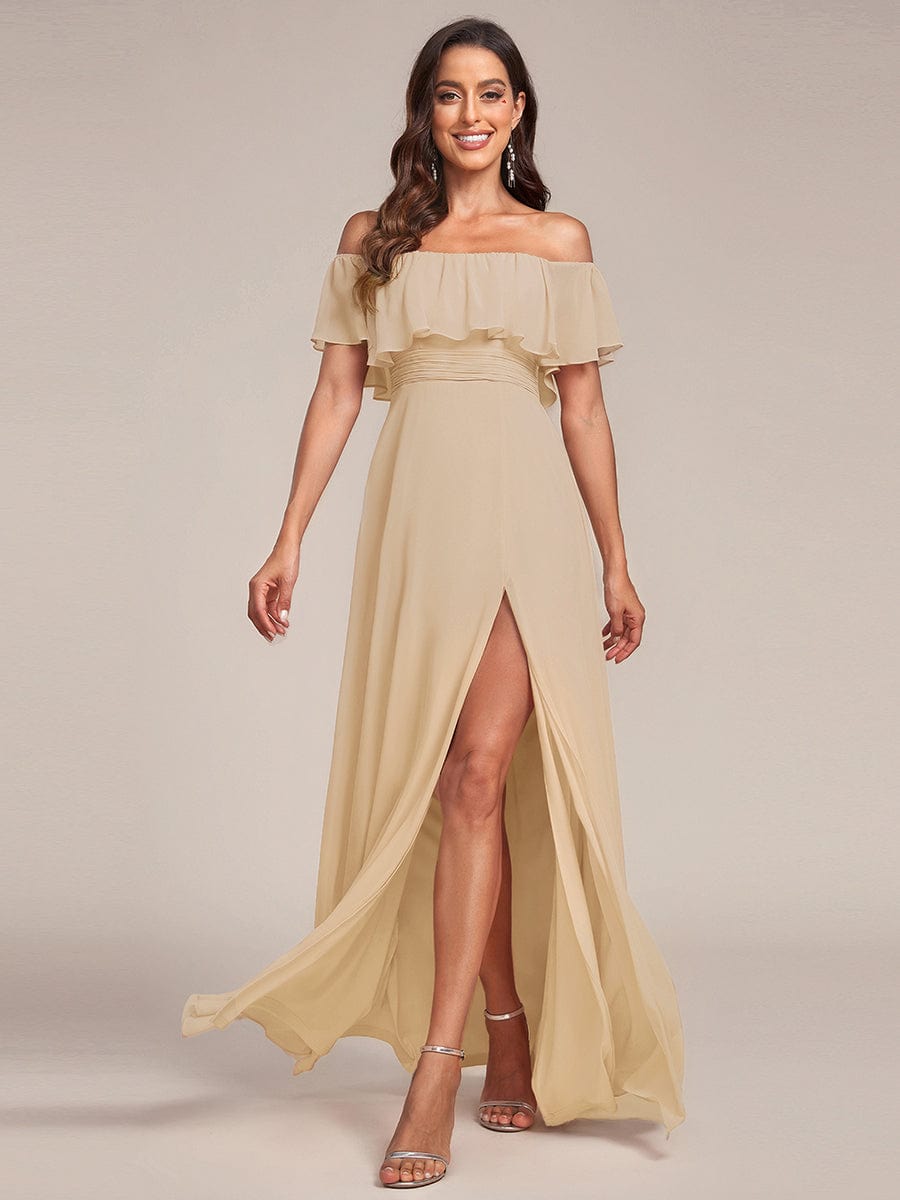 Plain Off Shoulder Chiffon Wedding Dress with Side Split #color_Champagne