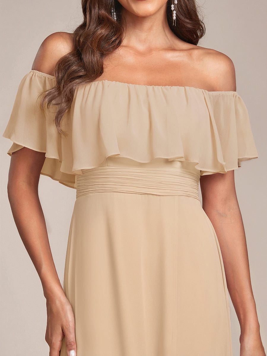 Plain Off Shoulder Chiffon Wedding Dress with Side Split #color_Champagne