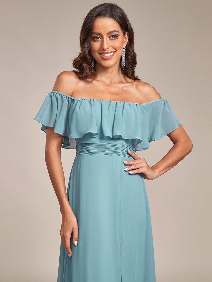 Women's Off-The-Shoulder Ruffle Thigh Split Bridesmaid Dresses #color_Light Teal