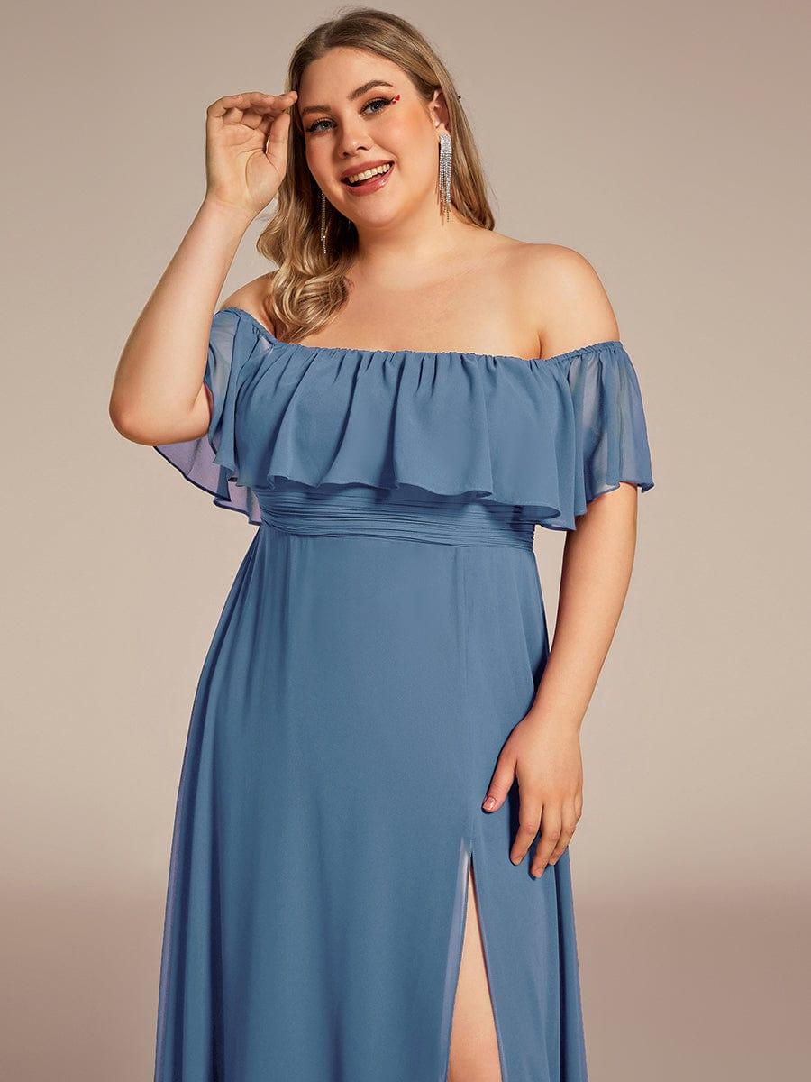 Women's Off-The-Shoulder Ruffle Thigh Split Plus Size Bridesmaid Dress #color_Dusty Blue