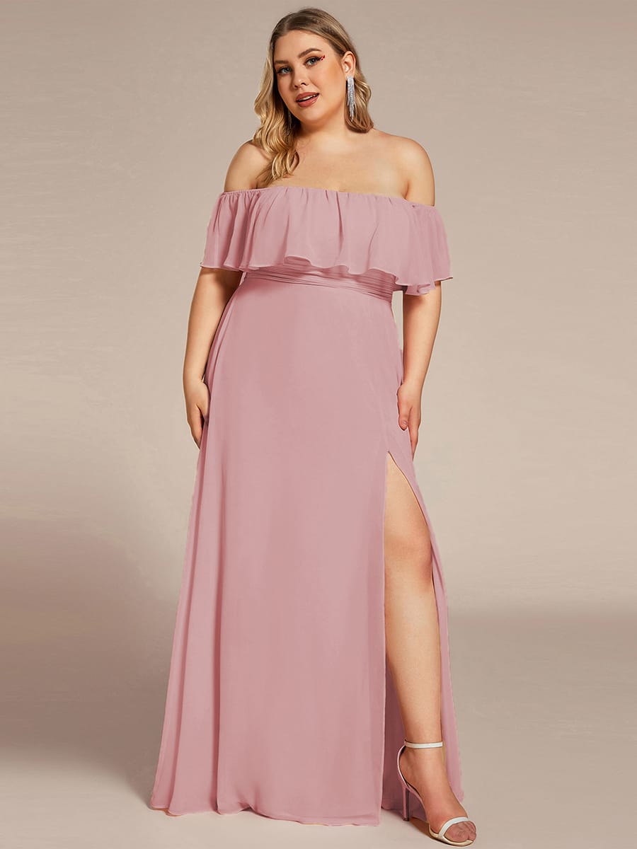 Women's Off-The-Shoulder Ruffle Thigh Split Wedding Guest Dresses #color_Dusty Rose