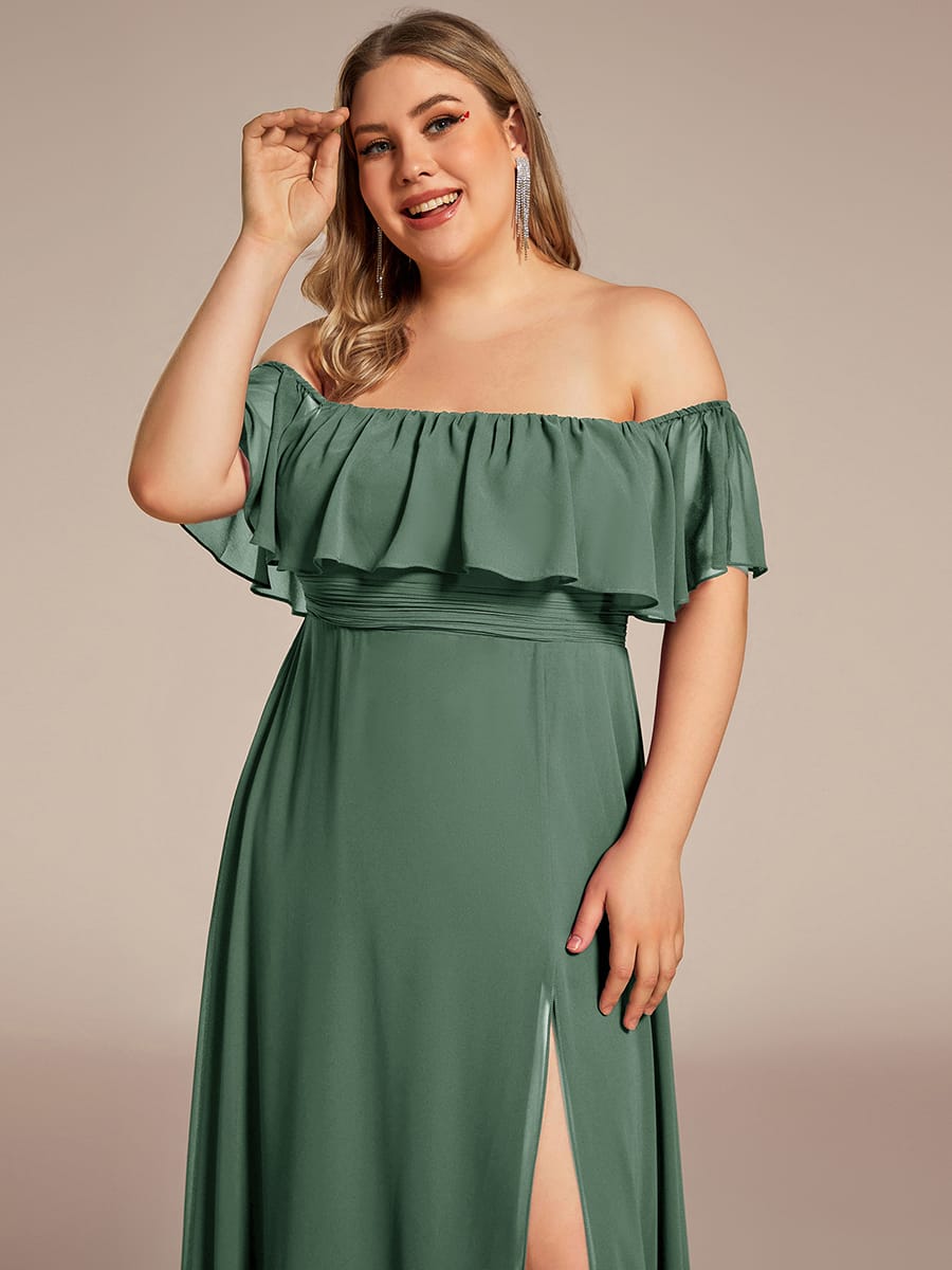 Women's Off-The-Shoulder Ruffle Thigh Split Bridesmaid Dresses #color_Eucalyptus Green