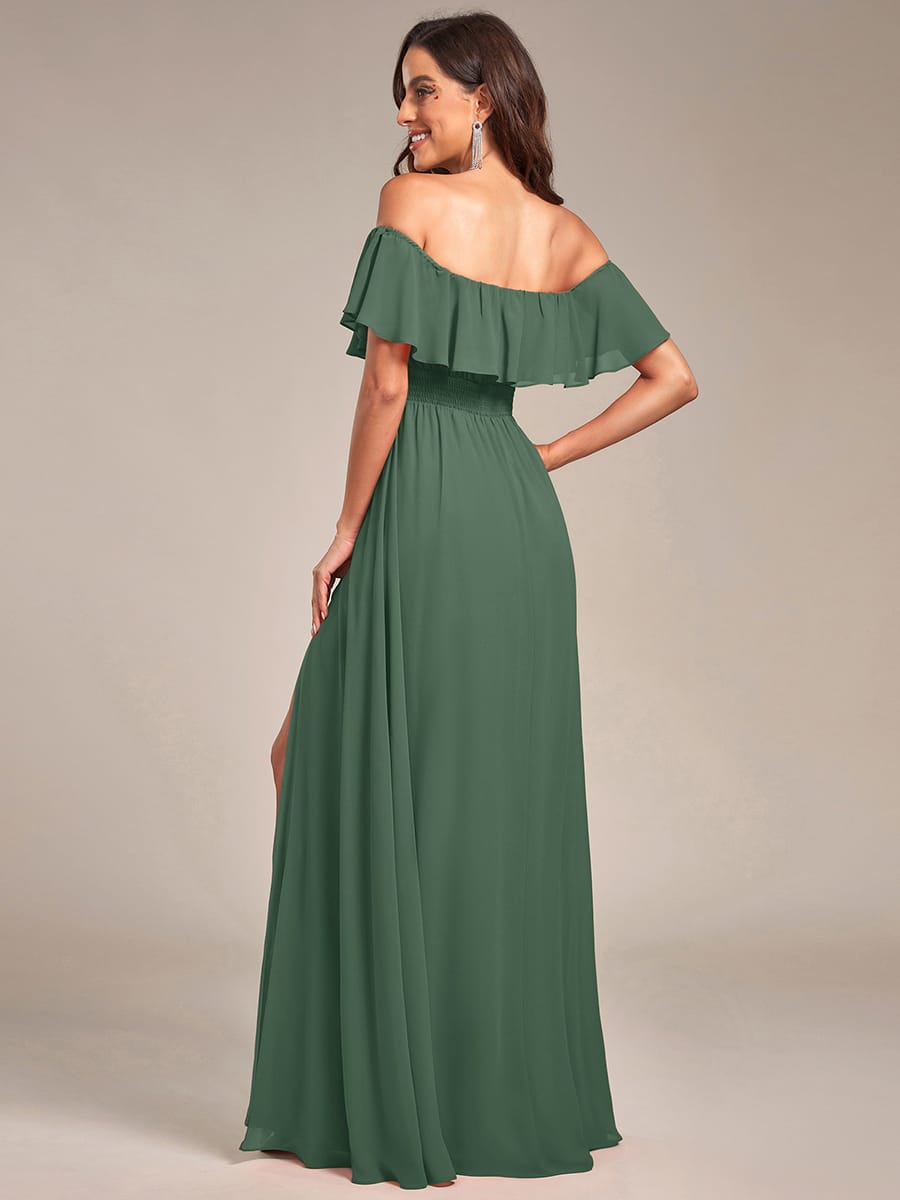 Women's Off-The-Shoulder Ruffle Thigh Split Bridesmaid Dresses #color_Eucalyptus Green