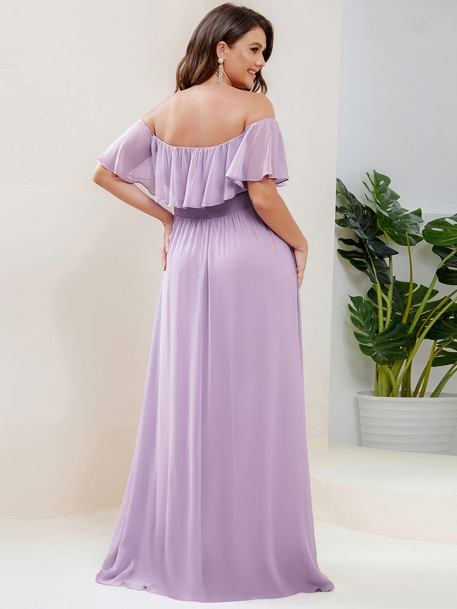 Women's Off-The-Shoulder Ruffle Thigh Split Bridesmaid Dresses #color_Frosted Lilac