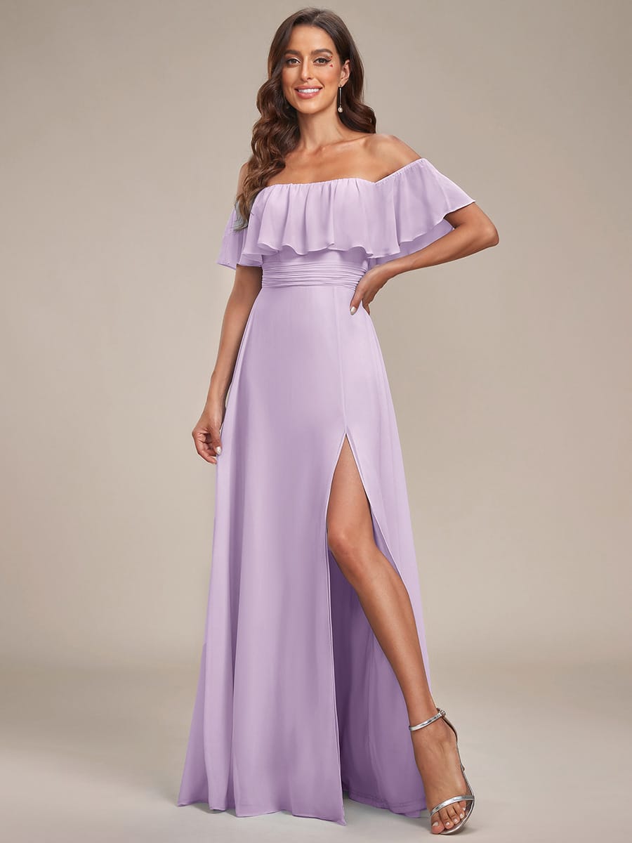 Women's Off-The-Shoulder Ruffle Thigh Split Bridesmaid Dresses #color_Frosted Lilac