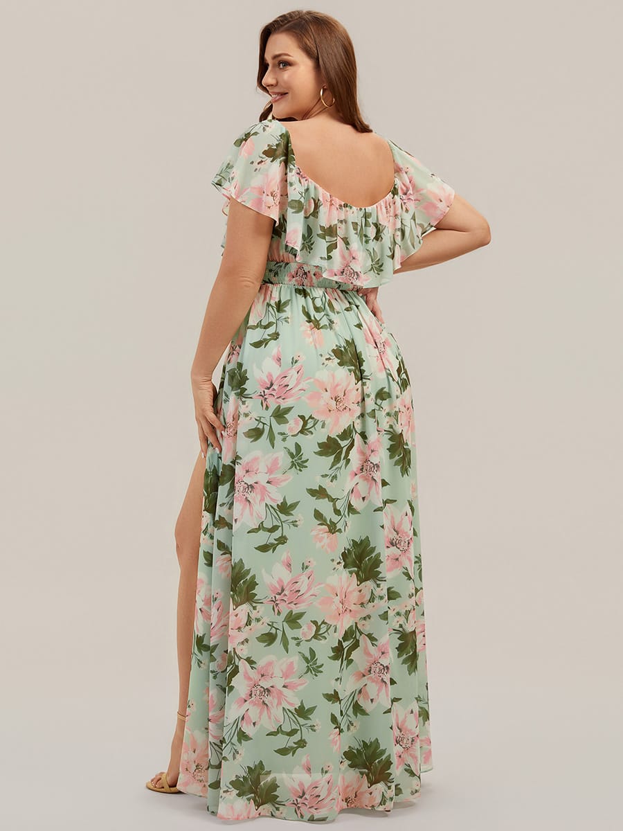 Women's Off-The-Shoulder Ruffle Thigh Split Bridesmaid Dresses #color_Light Green Floral