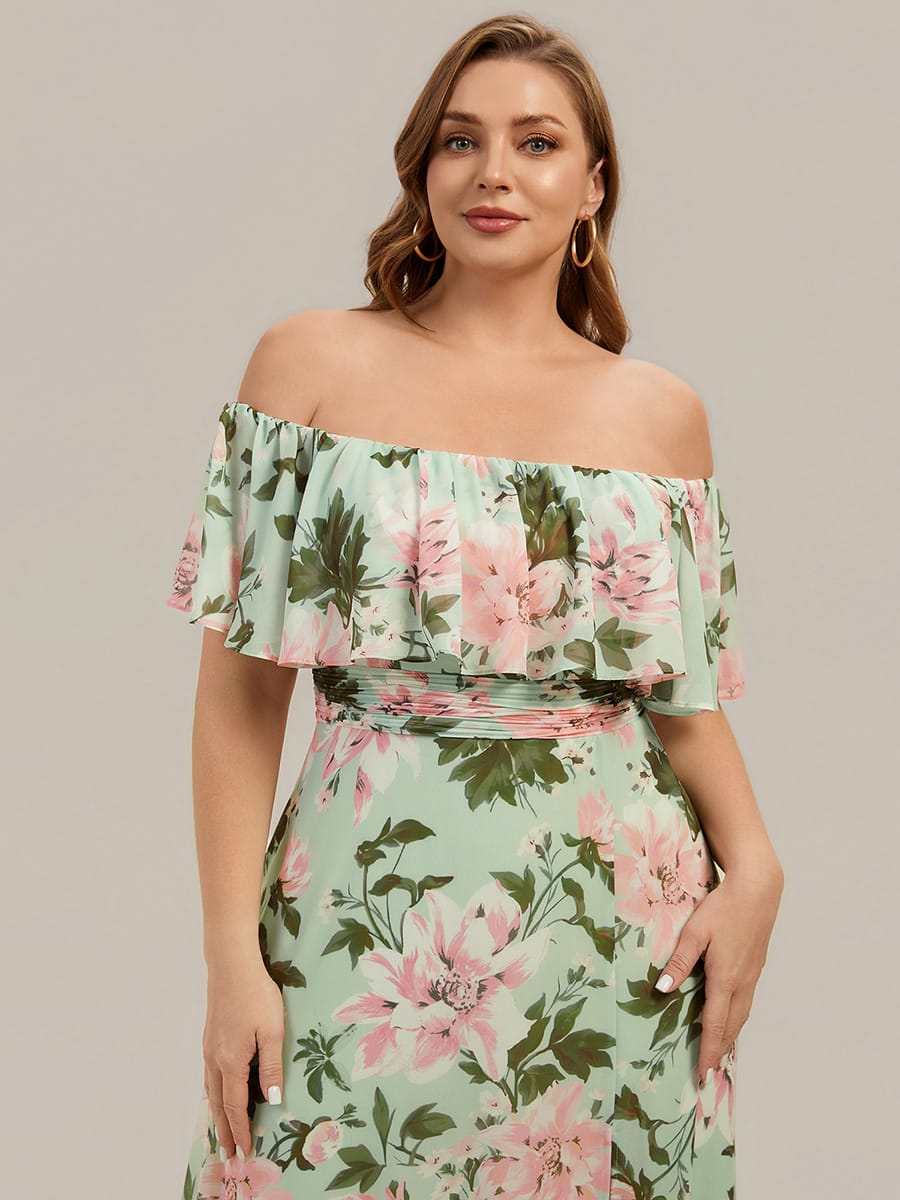 Women's Off-The-Shoulder Ruffle Thigh Split Bridesmaid Dresses #color_Light Green Floral
