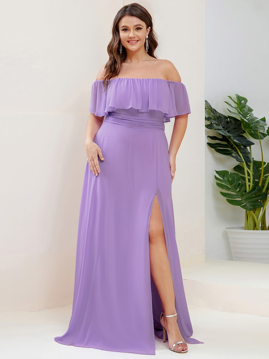 Women's Off-The-Shoulder Ruffle Thigh Split Wedding Guest Dresses #color_Lavender