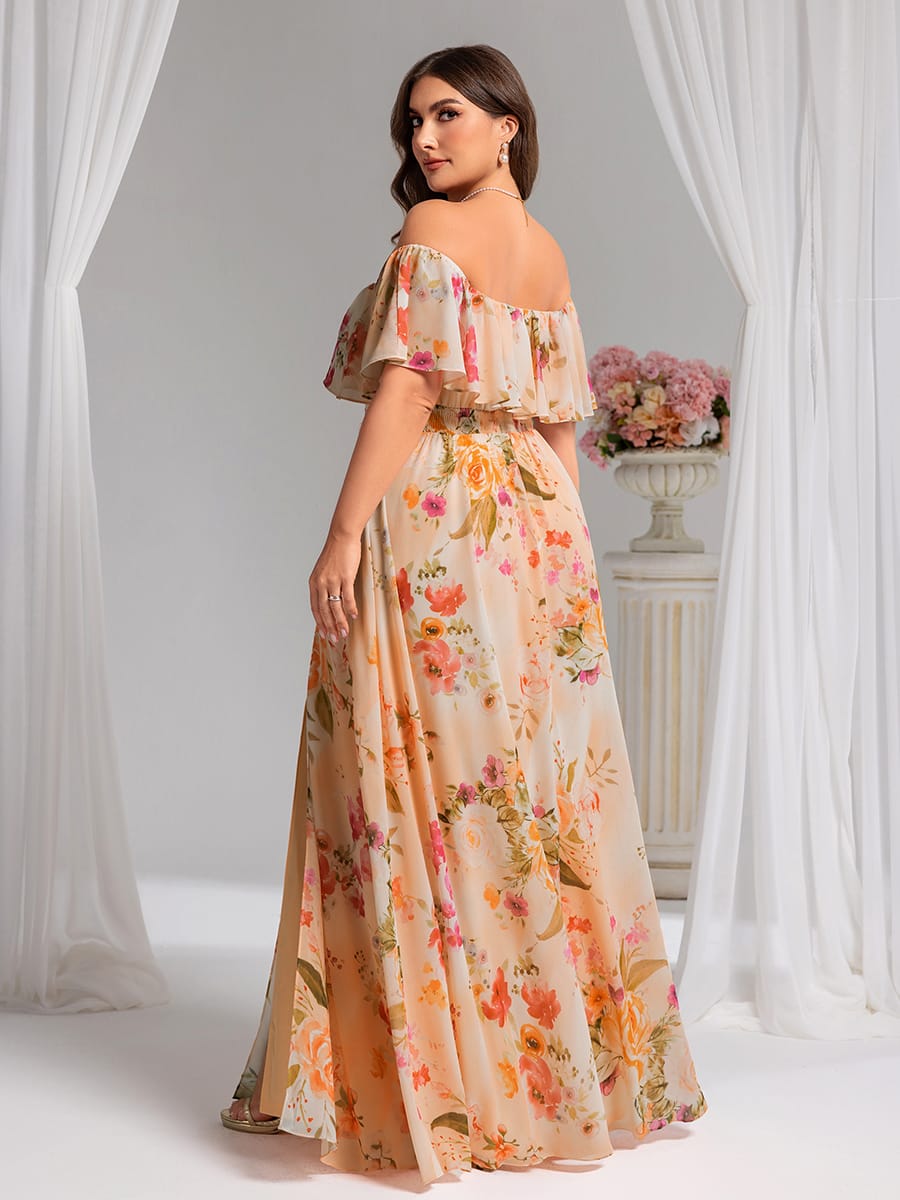 Women's Off-The-Shoulder Ruffle Thigh Split Bridesmaid Dresses #color_Peach Fuzz