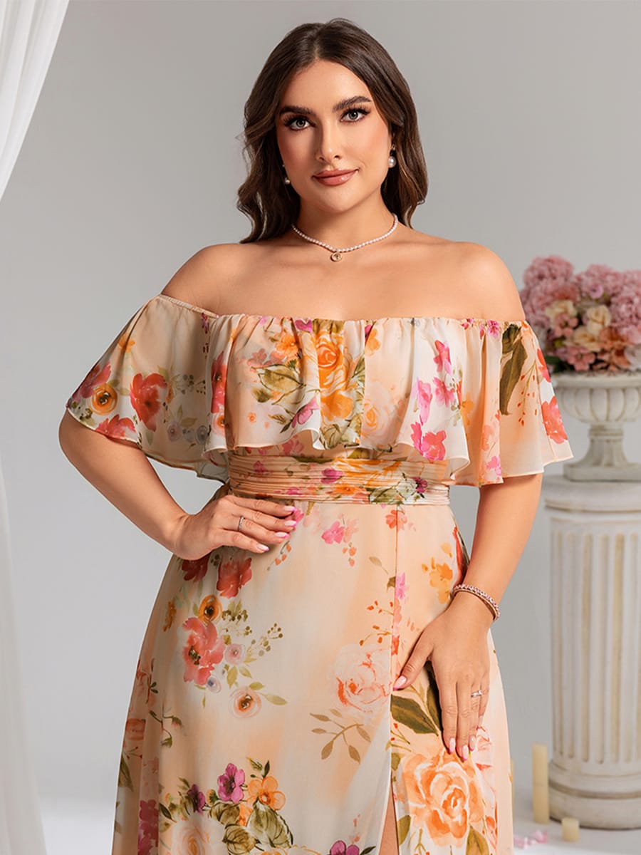 Women's Off-The-Shoulder Ruffle Thigh Split Bridesmaid Dresses #color_Peach Fuzz