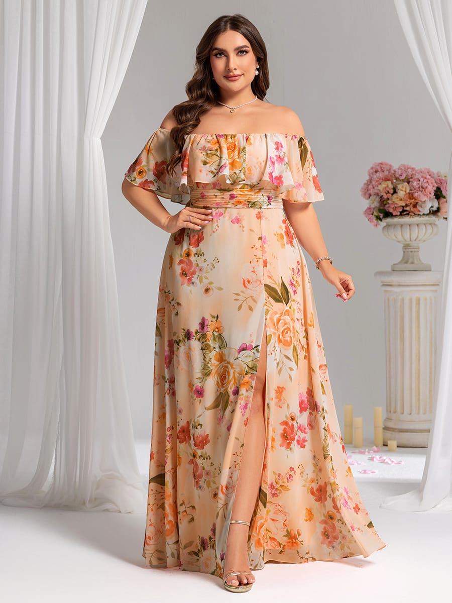 Women's Off-The-Shoulder Ruffle Thigh Split Bridesmaid Dresses #color_Peach Fuzz