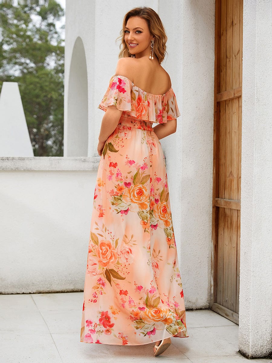 Plain Off Shoulder Chiffon Wedding Dress with Side Split #color_Peach Fuzz