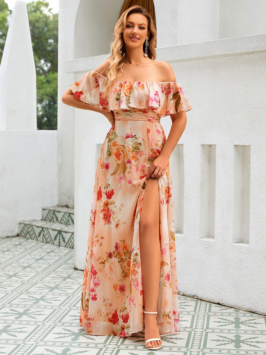 Plain Off Shoulder Chiffon Wedding Dress with Side Split #color_Peach Fuzz