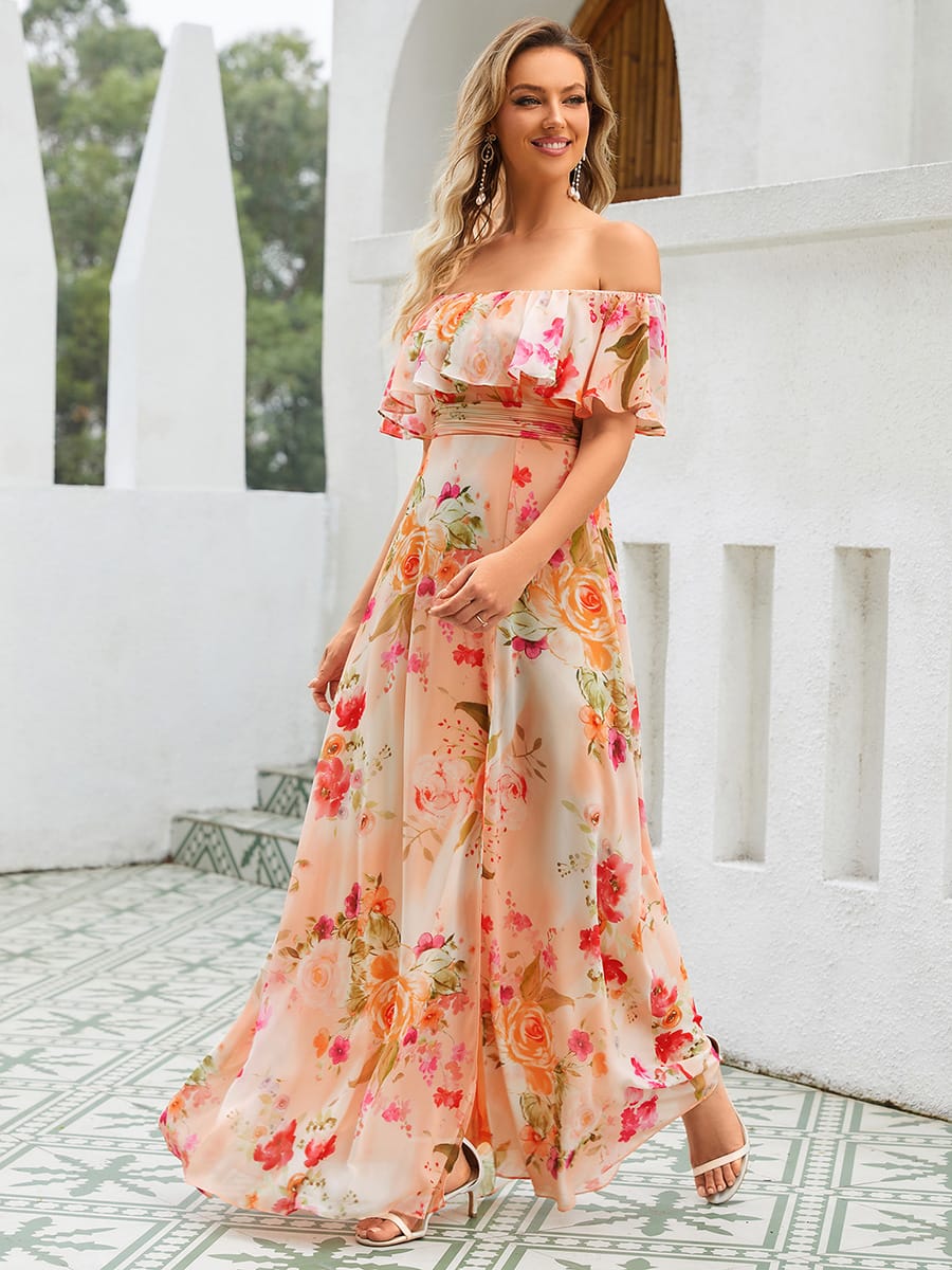Women's Off-The-Shoulder Ruffle Thigh Split Bridesmaid Dresses #color_Peach Fuzz
