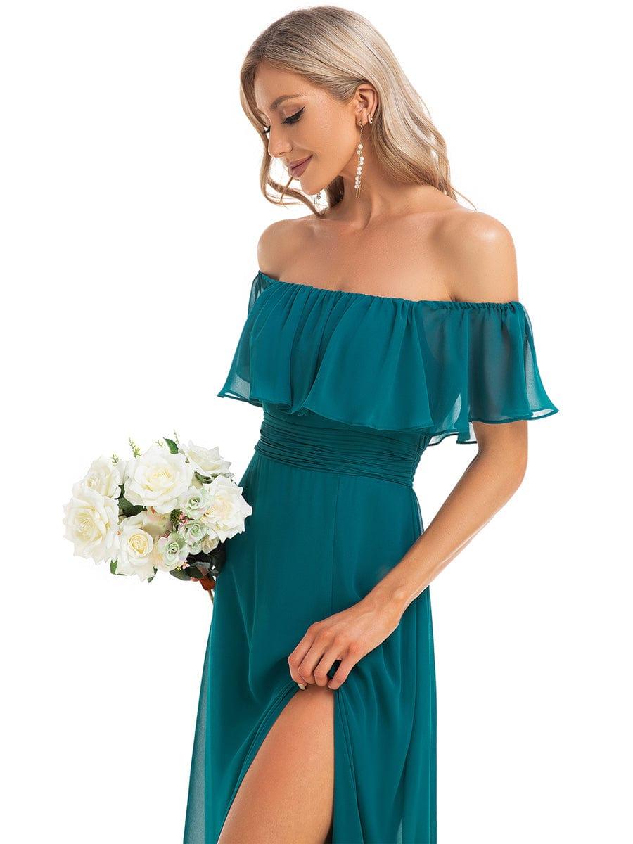 Women's Off-The-Shoulder Ruffle Thigh Split Wedding Guest Dresses #color_Teal