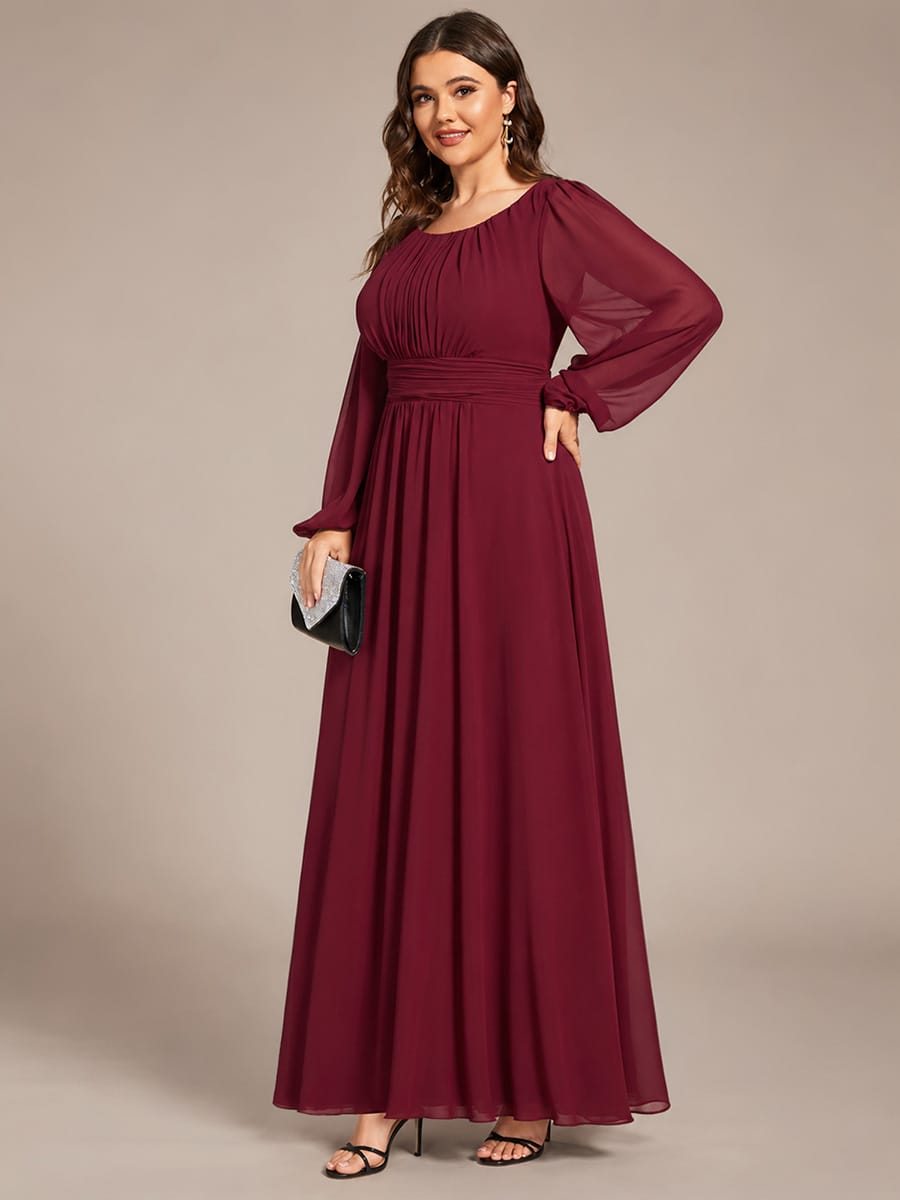 Plus Size Sheer Long Sleeve Pleated Floor Length Bridesmaid Dress #color_Burgundy
