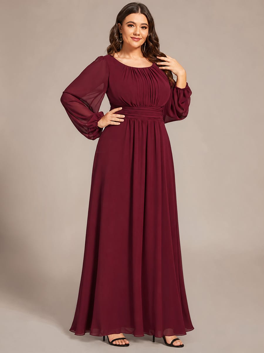 Plus Size Sheer Long Sleeve Pleated Floor Length Bridesmaid Dress #color_Burgundy