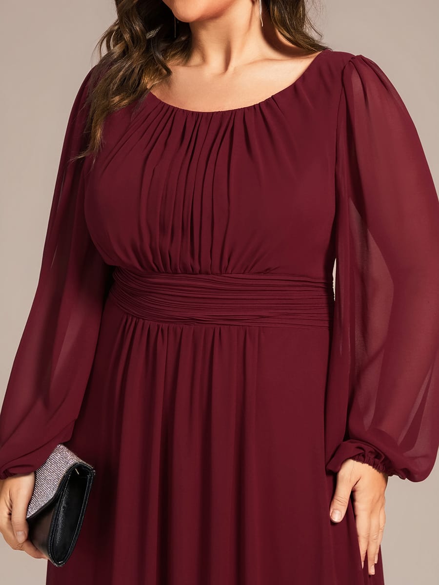 Plus Size Sheer Long Sleeve Pleated Floor Length Bridesmaid Dress #color_Burgundy