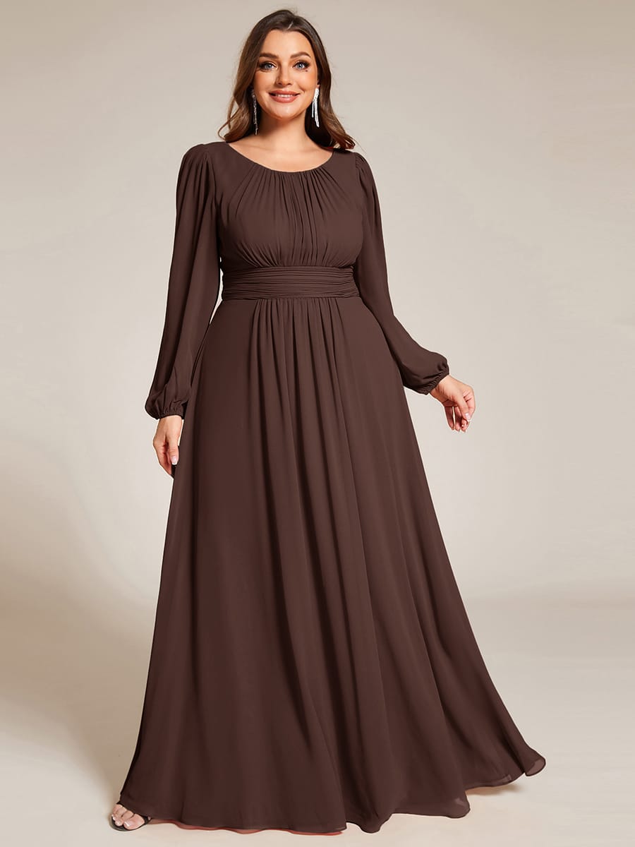 Plus Size Sheer Long Sleeve Pleated Floor Length Bridesmaid Dress #color_Chocolate brown