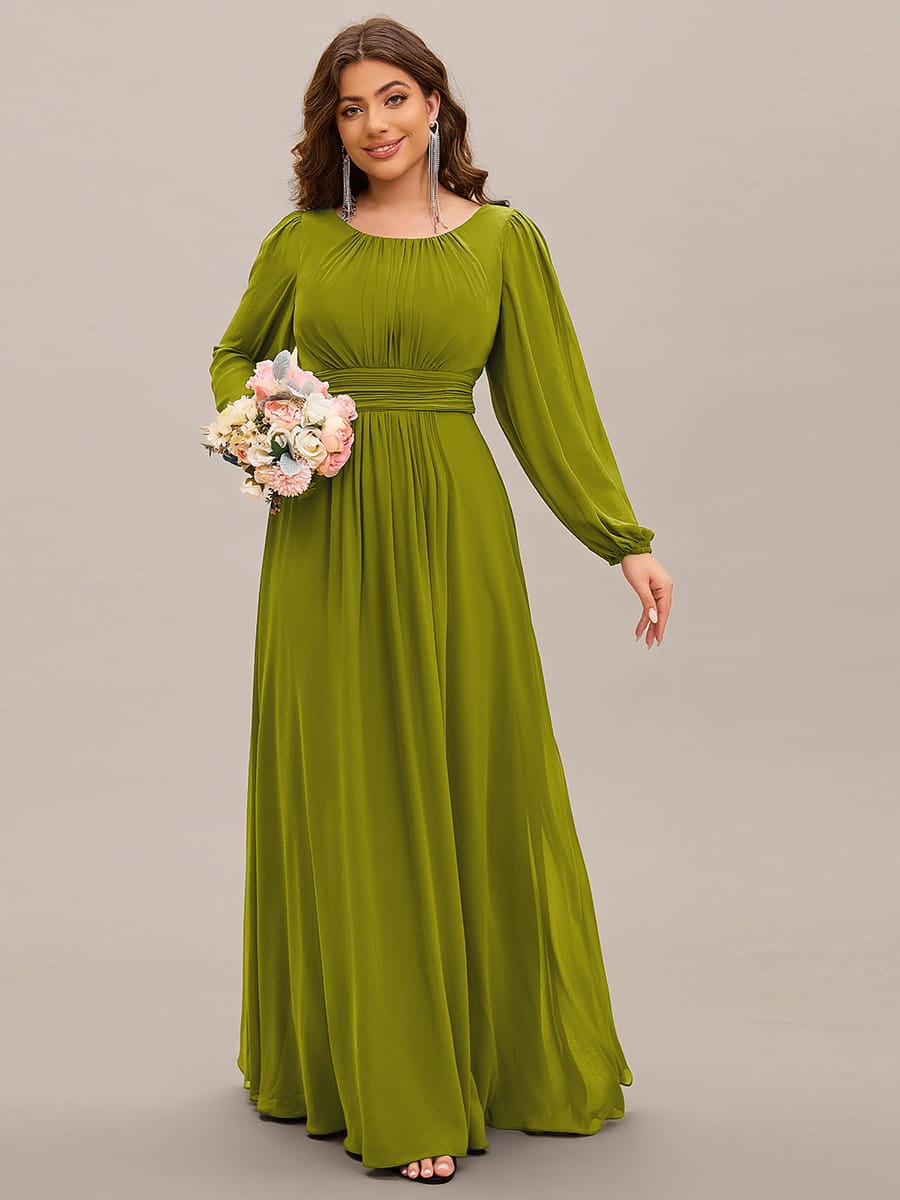 Plus Size Sheer Long Sleeve Pleated Floor Length Bridesmaid Dress #color_Citron