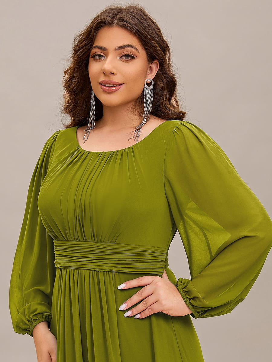 Plus Size Sheer Long Sleeve Pleated Floor Length Bridesmaid Dress #color_Citron