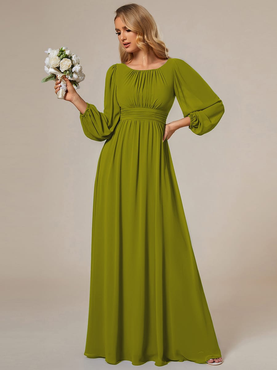 Chiffon Long Sleeve Pleated Floor Length Bridesmaid Dress #color_Citron
