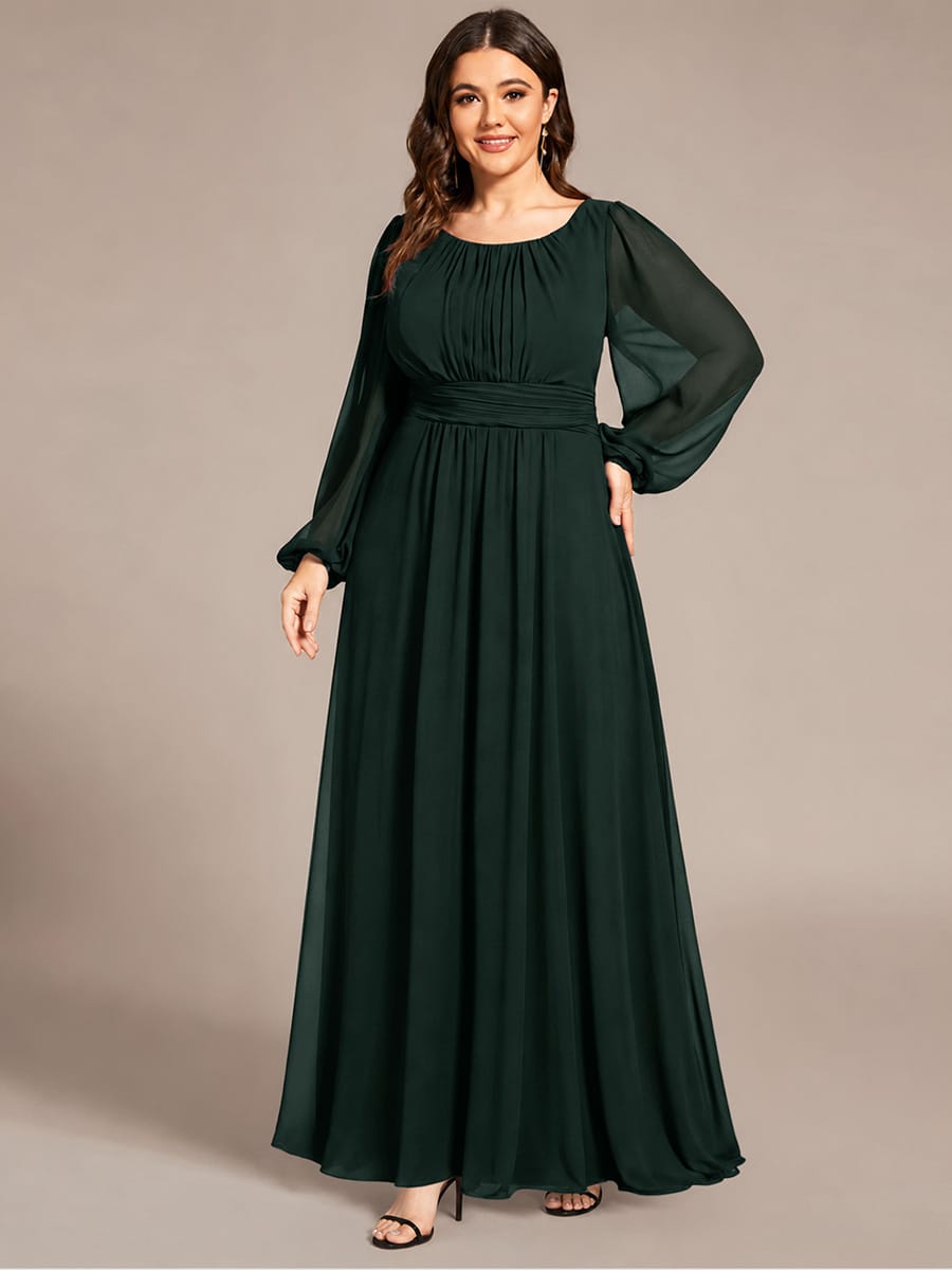 Chiffon Long Sleeve Pleated Floor Length Bridesmaid Dress #color_Dark Forest Green