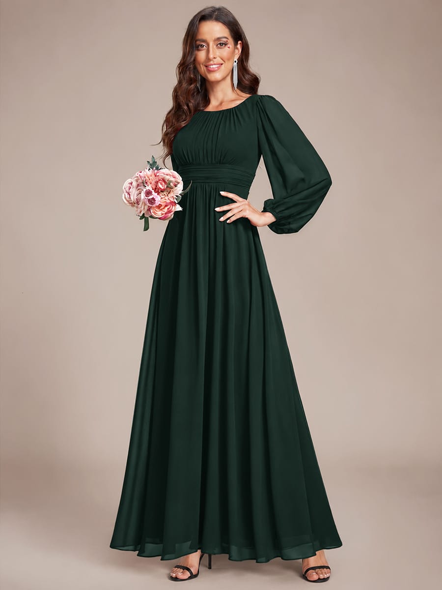 Chiffon Long Sleeve Pleated Floor Length Bridesmaid Dress #color_Dark Forest Green