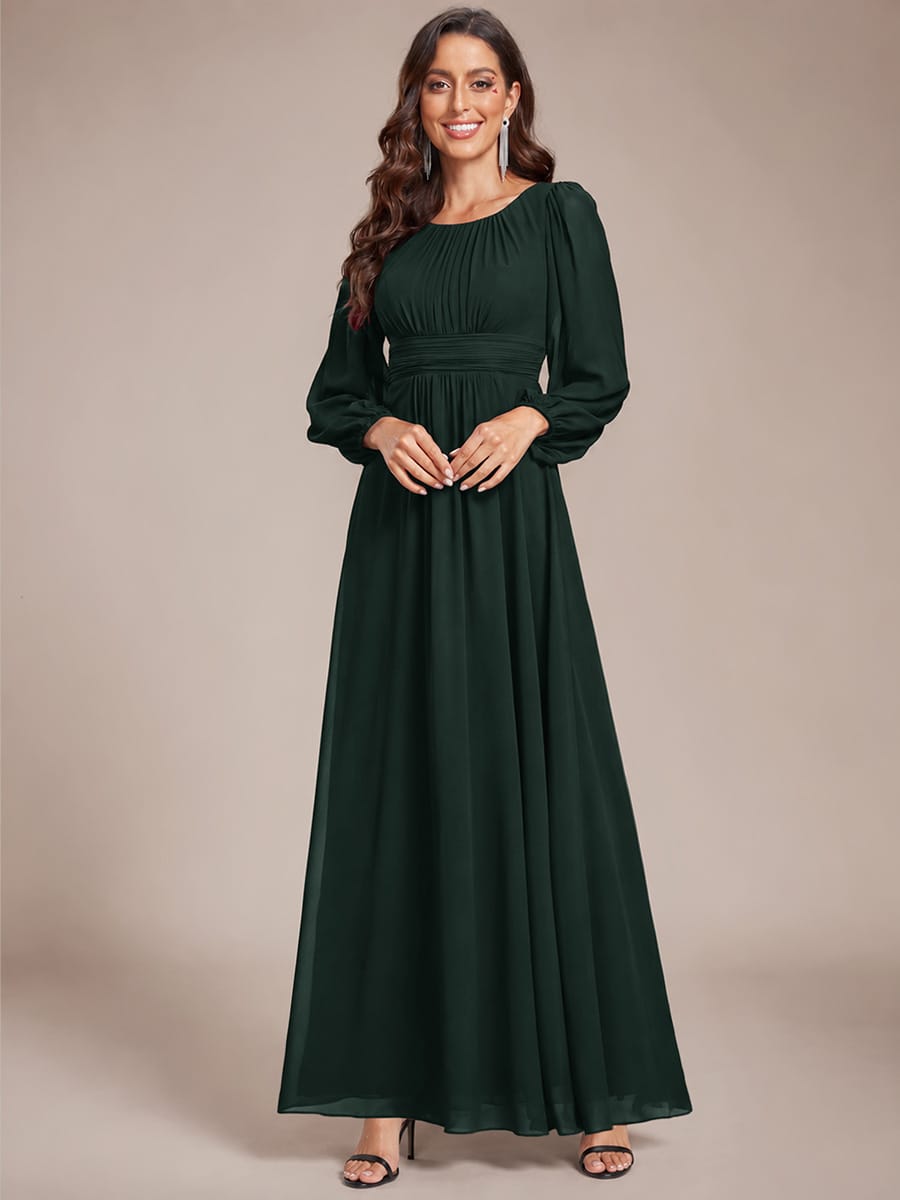 Chiffon Long Sleeve Pleated Floor Length Bridesmaid Dress #color_Dark Forest Green