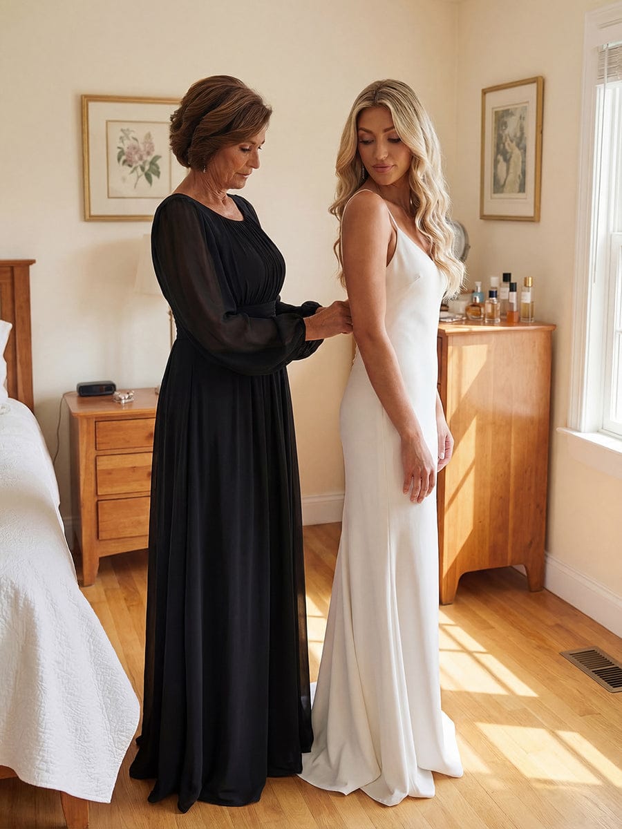 Chiffon Long Sleeve Pleated Floor Length Bridesmaid Dress #color_Black