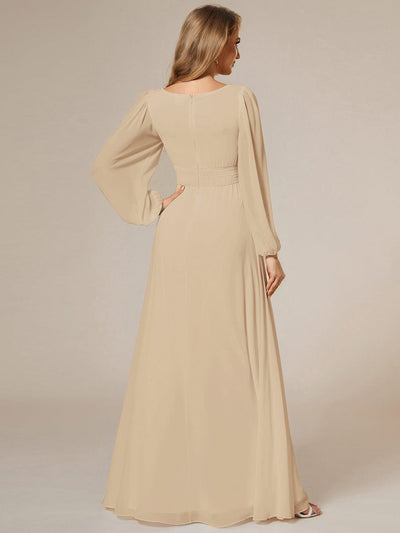 Chiffon Long Sleeve Pleated Floor Length Bridesmaid Dress #color_Champagne
