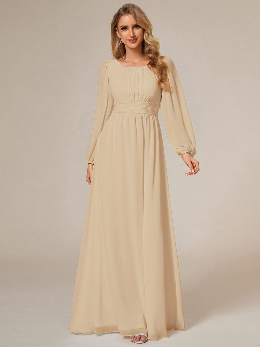 Chiffon Long Sleeve Pleated Floor Length Bridesmaid Dress #color_Champagne