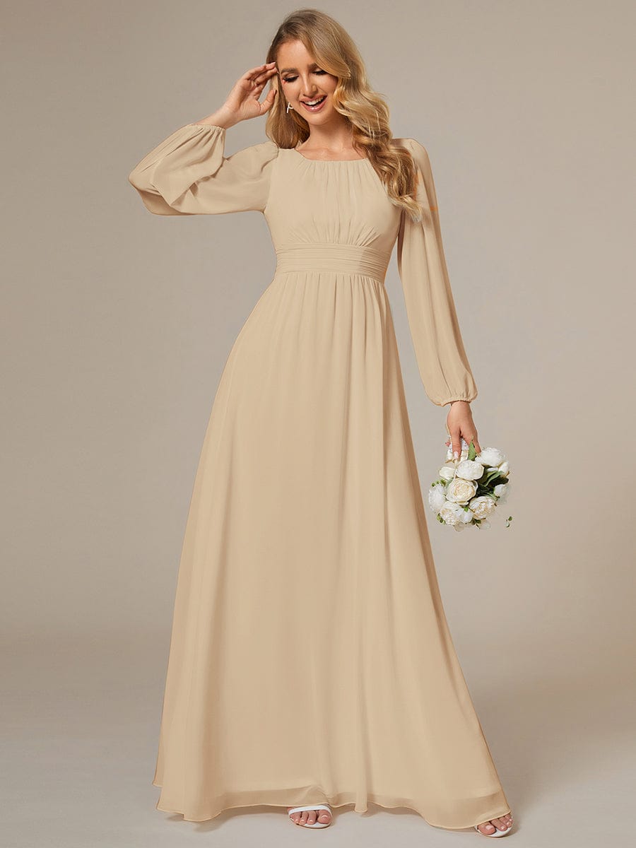 Chiffon Long Sleeve Pleated Floor Length Bridesmaid Dress #color_Champagne