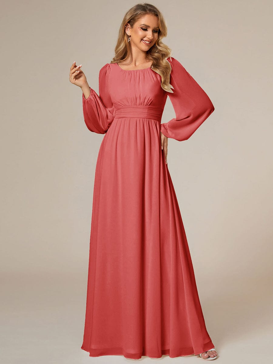 Chiffon Long Sleeve Pleated Floor Length Bridesmaid Dress #Couleur_Coral