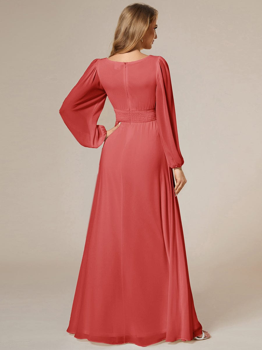 Chiffon Long Sleeve Pleated Floor Length Bridesmaid Dress #Couleur_Coral
